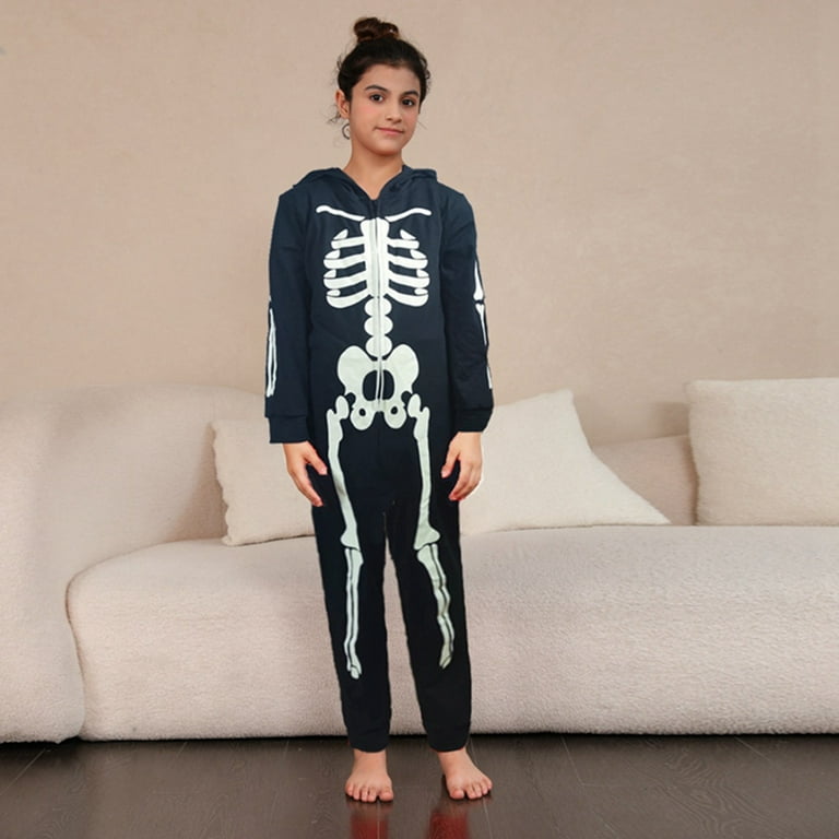 Family Matching Halloween Onepiece Pajamas Funny Skull Skeleton Printed Hooded Zipper PJs Loungewear for Men