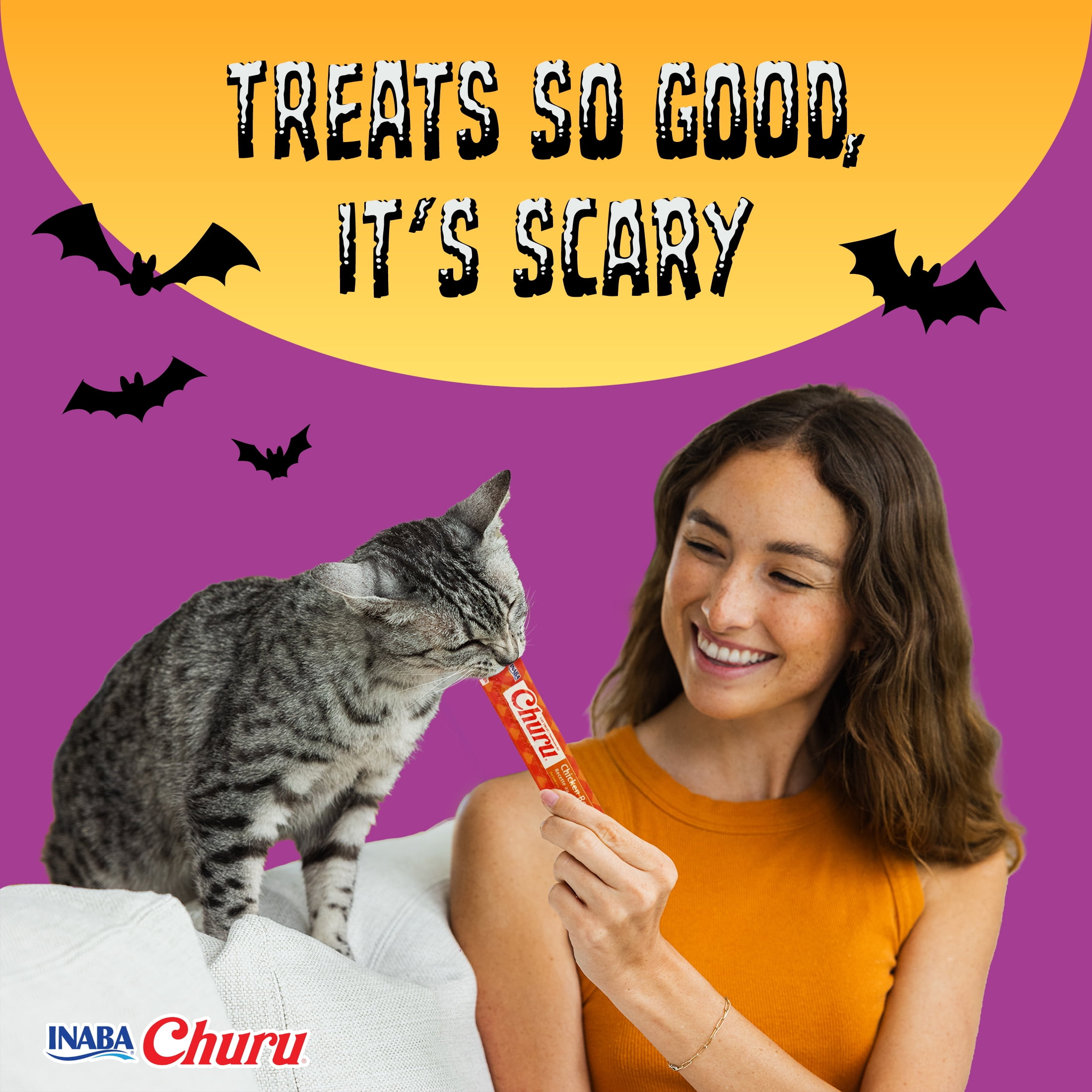 INABA Churu Halloween Cat Treats Chicken Recipe, Lickable Creamy Puree, Grain-Free with Vitamin E, 0.5 oz Tubes, 8 Count