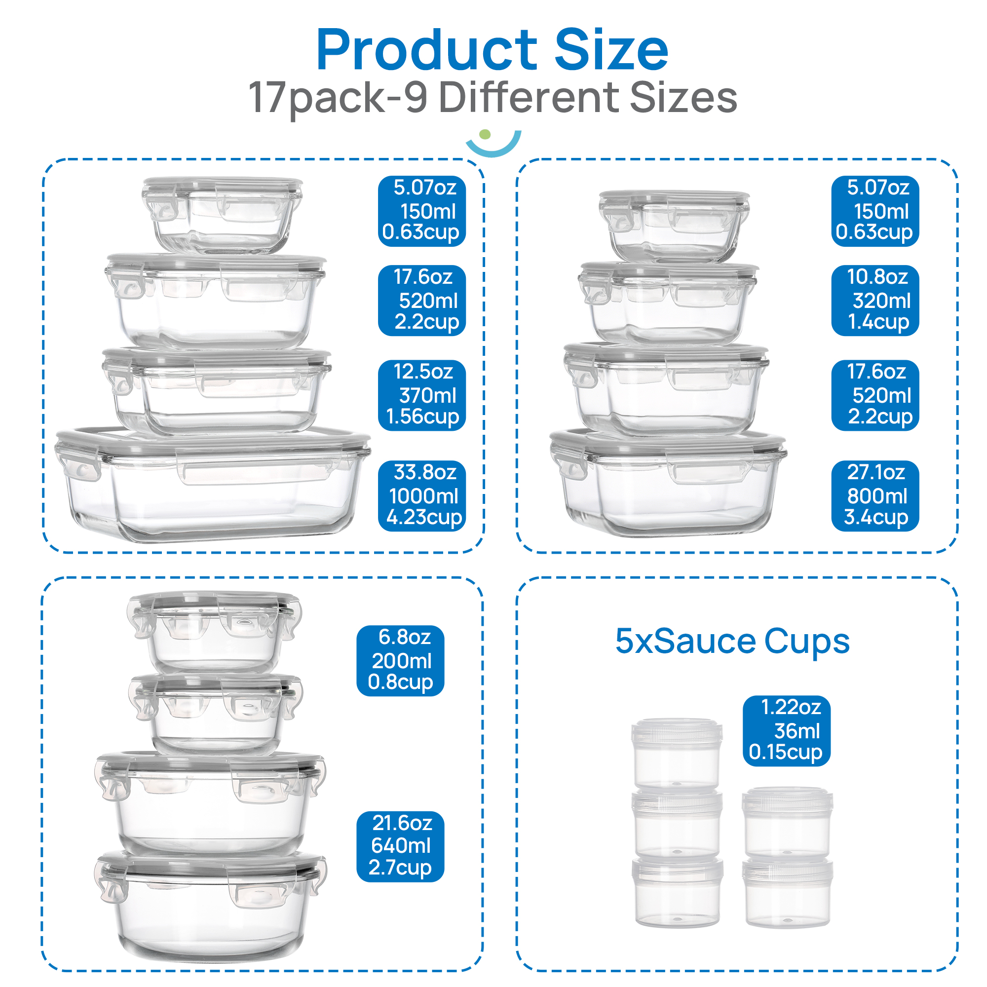 Sindcom 34-Piece Glass Food Storage Containers Set, Grey photo 4