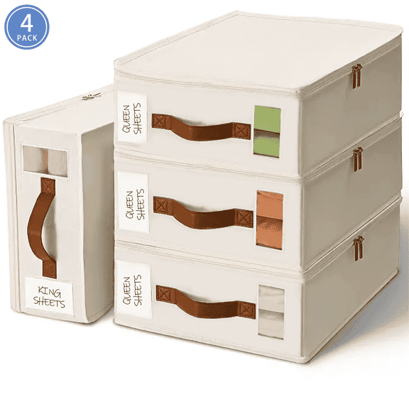 VOZOGO 4 Pack Bed Sheet Storage and Organizers, Foldable Closet Bed Sheets Organizer with Window,Zipper, Label, Handle, Folding Bedding Storage for Bed Sheets, Blankets and Towel ,White