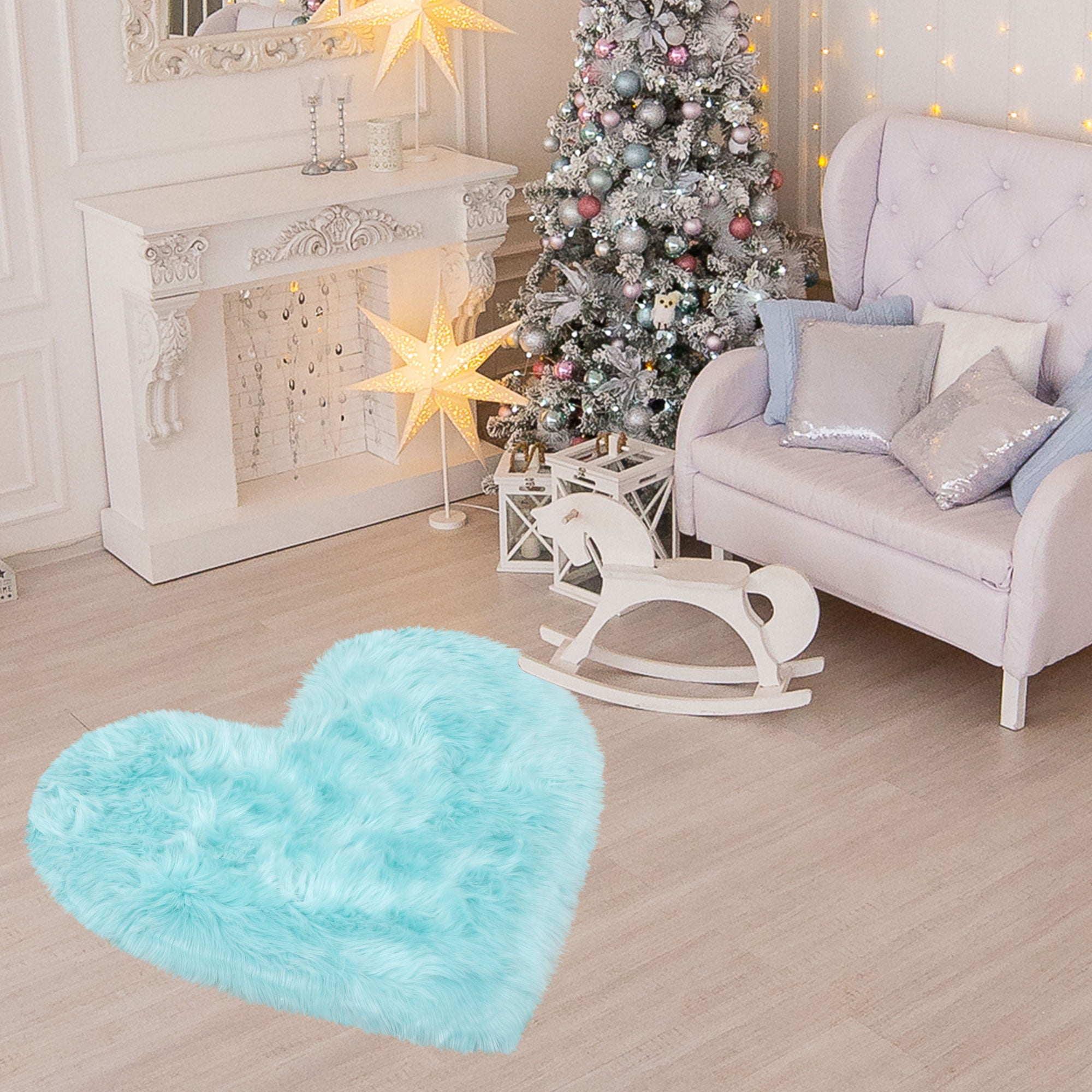 Unique Bargains Heart Shaped Faux Fur Shag Area Rug 2.3Ft x 3Ft Light Blue