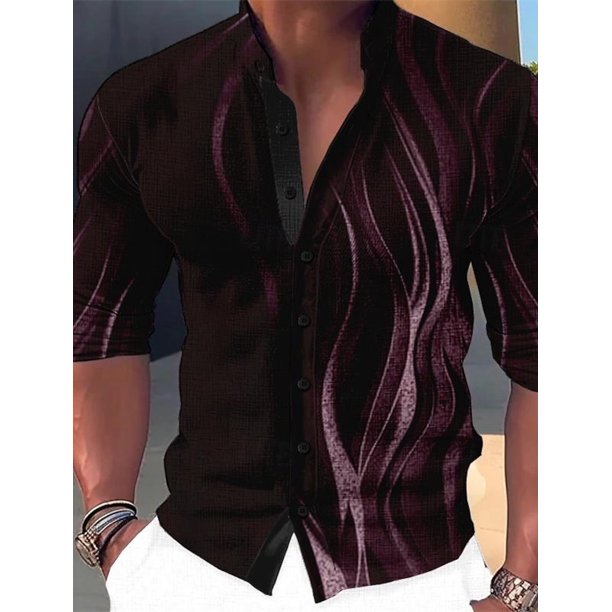 Camisa de manga larga para hombre, estampado gráfico degradado, cuello alto geométrico, ropa de calle para exteriores, ropa informal