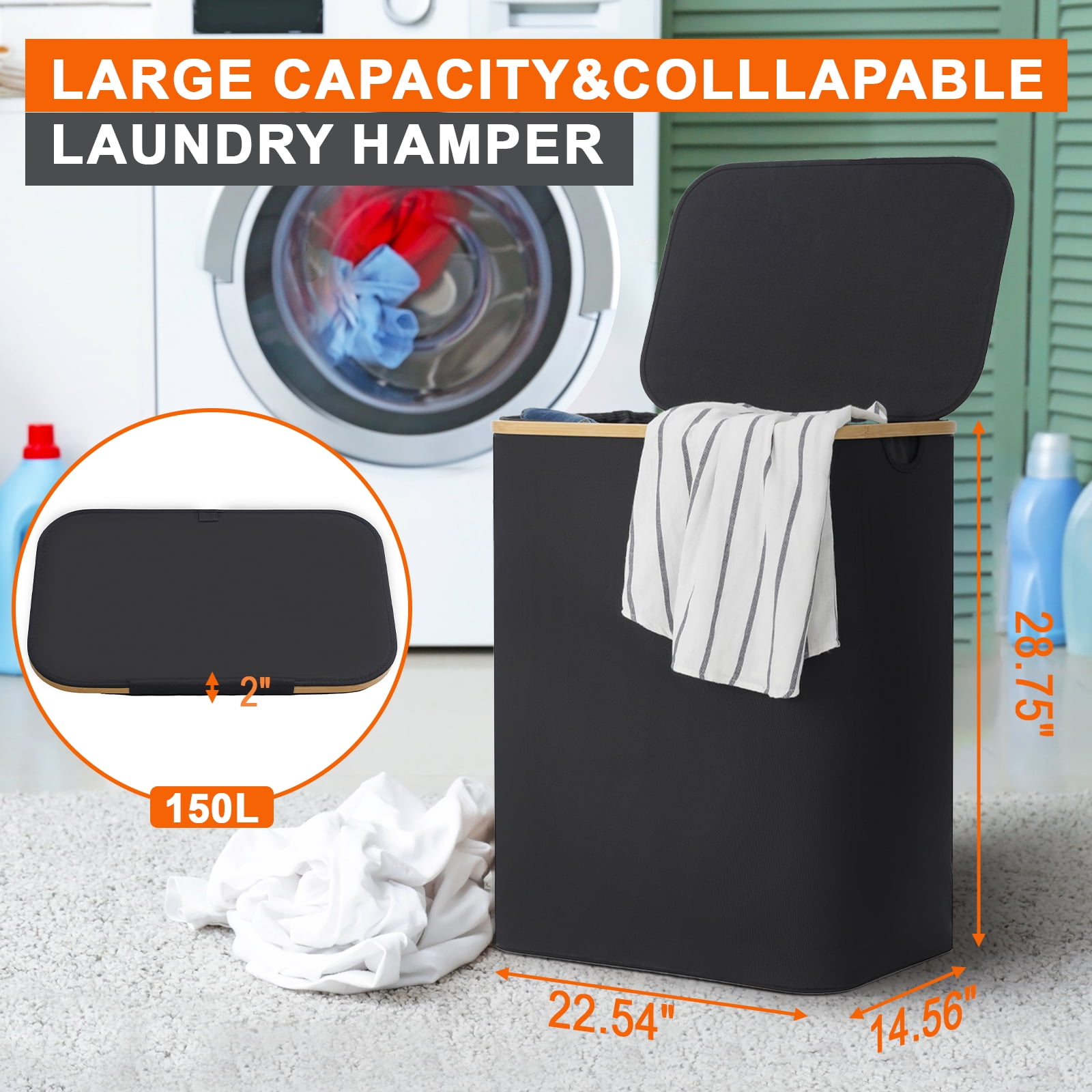 Generic 150L Large Laundry Hamper with Lid and Bamboo Handles, Laundry Basket Clothes Hamper with 2 Removable Bags for Bedroom, Dorm Room and Bathroom Scenarios, Black