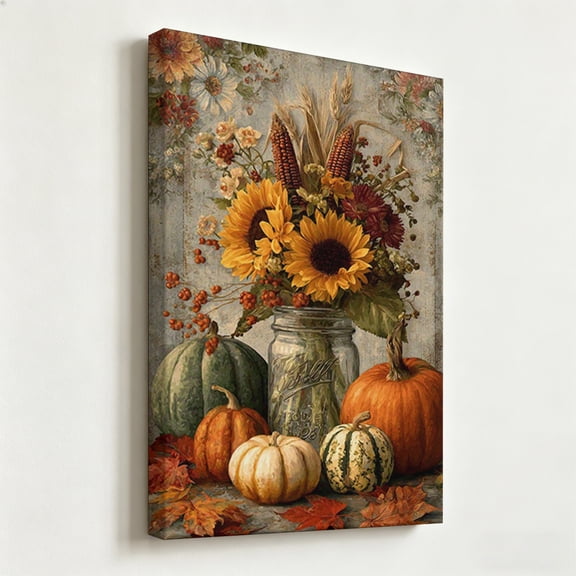 Rustic Autumn Harvest Pumpkin and Sunflower Canvas Wall Art Vintage Thanksgiving Mason Jar Painting Farmhouse Corn and Berries Poster Floral Country Kitchen Decor Living Room Canvas Prints Ready to H