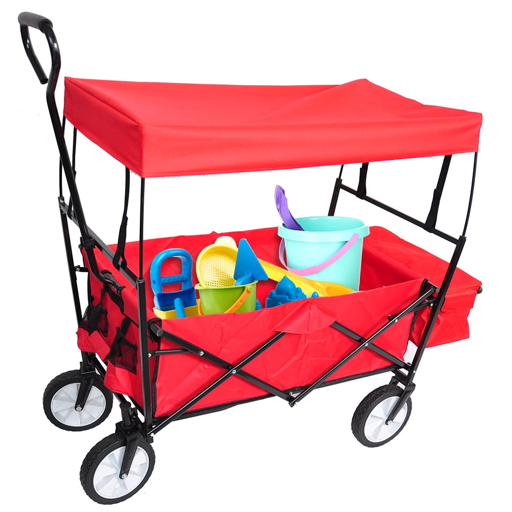 Collapsible Folding Wagon Cart W/ Canopy Outdoor Utility Garden Trolley Buggy 