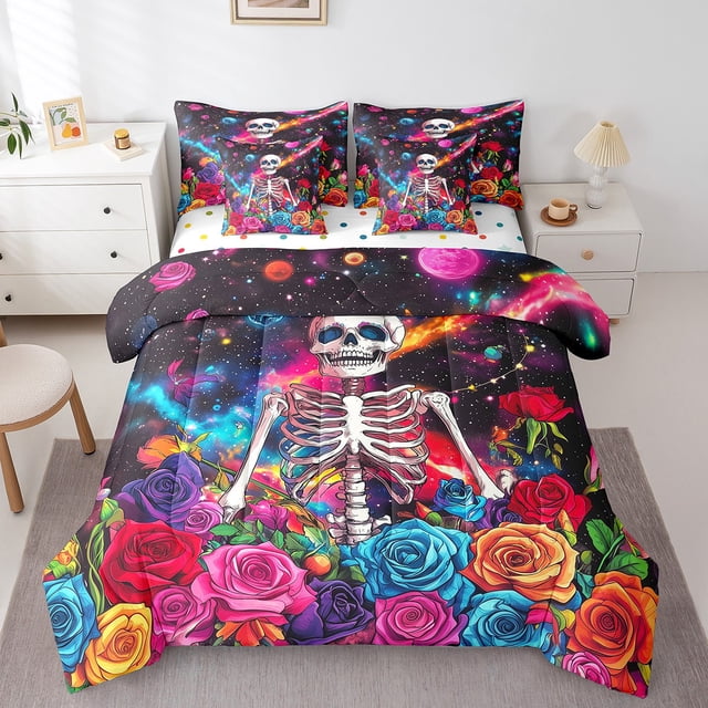 Gothic Skull Bedding Set Galaxy Starry Sky Planet Bed In A Bag With Sheets Romantic Colorful Rose Flower Full Comforter Set 7 Piece For Kids Boys Girls Room Decor,Skull Print Bed Set