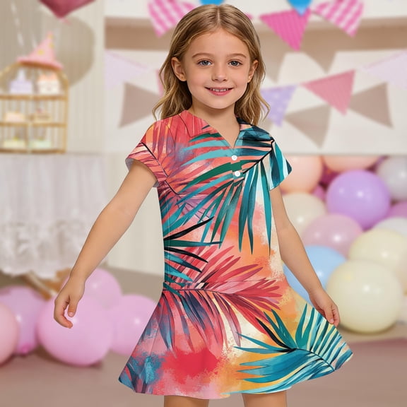 CCRFTGI Polo Dress for Kids Girls Size 7-8 Back To School Uniform Casual Hawaiian Tropic Pleated Flare Skater Polo Dresses Summer Button Collared Picque Polo Dress Watermelon Red 9-10 Years