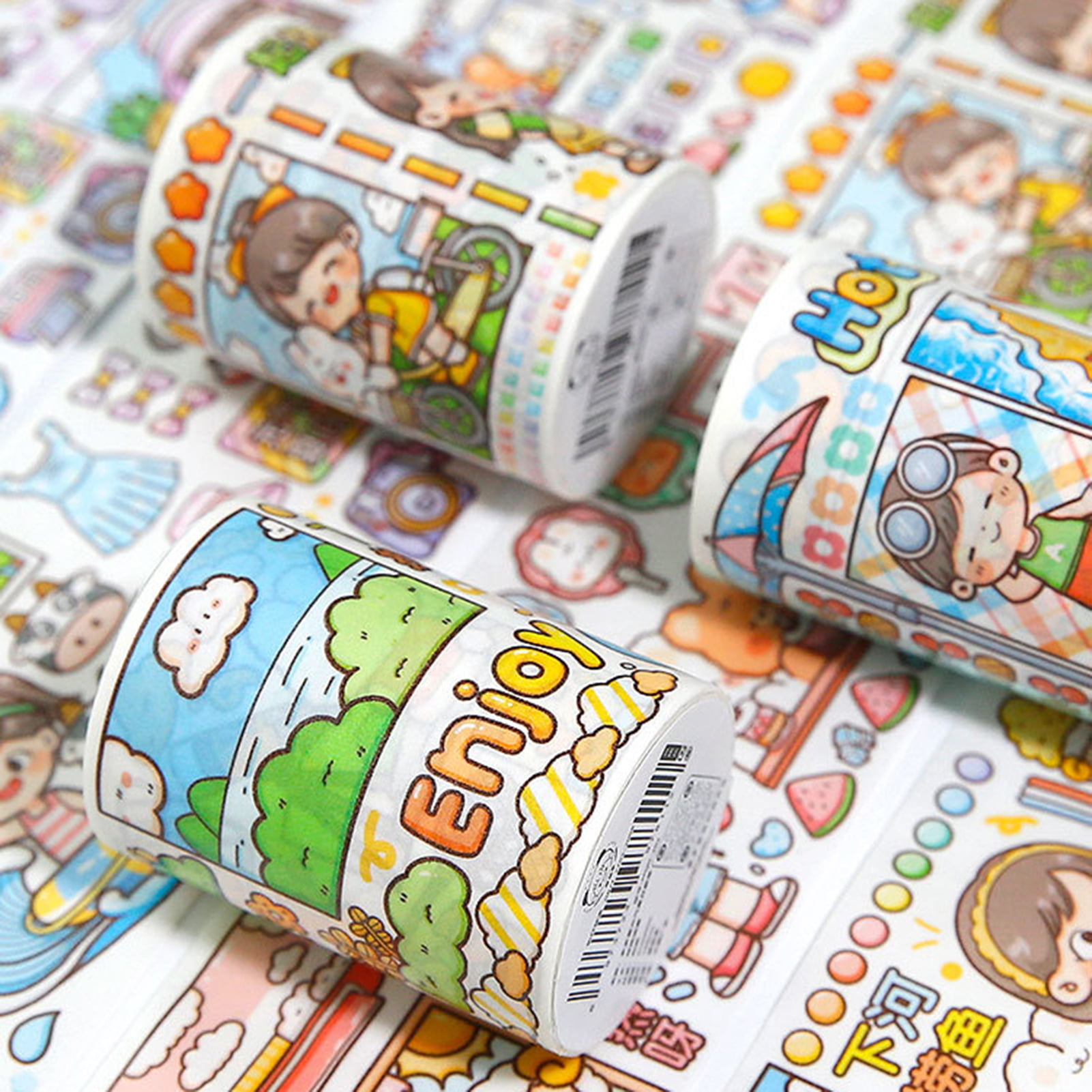 1 Roll Stationery Stickers Washi Paper Self-adhesive Long Tape Cartoon Girl  Cute Decals DIY Decoration Various Journal Scrapbook Handbook Girl Decals  Children Gift 