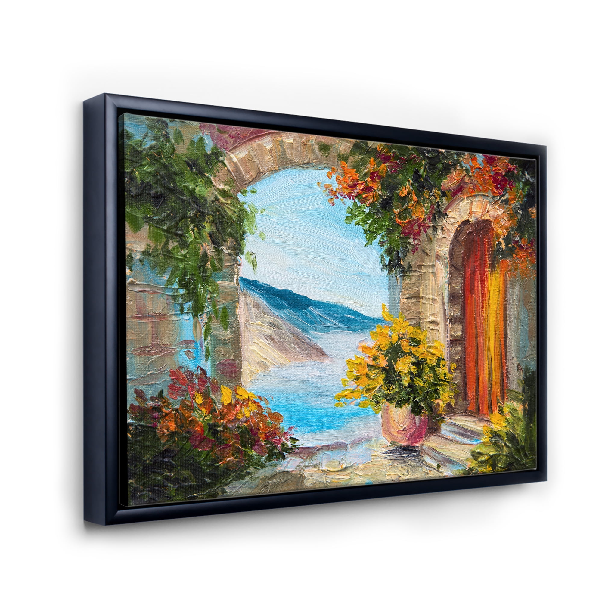 Designart 'House With Colorful Flowers Near The Sea Summer Season' Nautical & Coastal Framed Canvas Wall Art Print