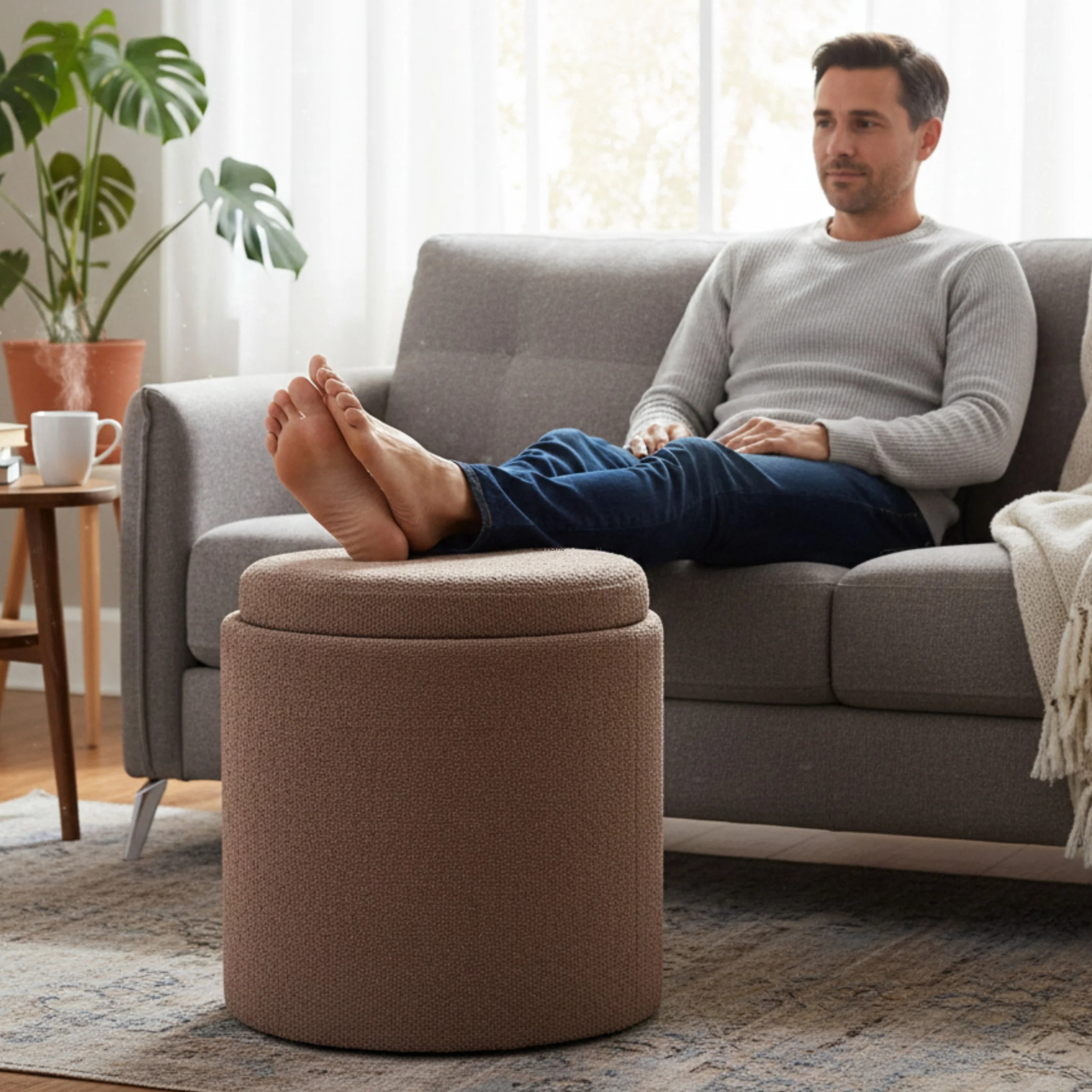 Aria Home Plush Boucle Tray Top Storage Ottoman, Modern Accent Seating & Organizer, Brown