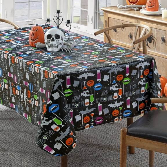 Newbridge Halloween Party Ghosts and Bats Square Vinyl Flannel Backed Tablecloth, 52 x 52 inch