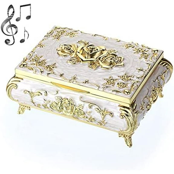 Vintage Music Box, Beige Metal Musical Jewelry Box Keepsake Box, Small Trinket Jewelry Storage Box Gift for Girl Women (Tune: You are My Sunshine)