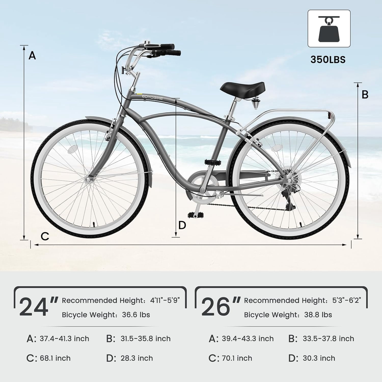 ABORON 26" Beach Cruiser Bike Women Men, Lightweight Adult Cruiser Bike with Rack, 7-Speed Cruiser Bicycle for Commuting, Carbon Steel Frame Commuter Bicycle