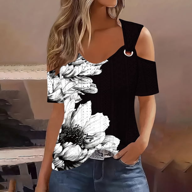 Puntoco 2024 Tops de moda de verano para mujer 2024 Moda femenina Casual Color sólido Ojal bordado Hombro Fuga Manga corta Jersey Top de manga corta