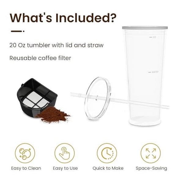 HEYNEMO Iced Coffee and Tea Maker with Reusable Coffee Filter and Portable 20oz Double Insulated Cups, Single Serve Machine for Home, Strength Control for Flavor, Black