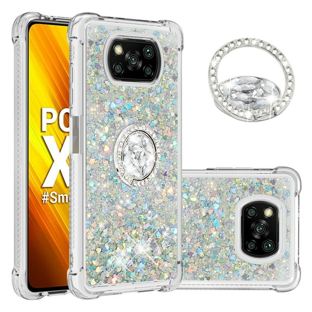 Funda para Xiaomi Poco X3 NFC/X3 PRO con Brillo Líquido Flotante, Purpurina, Parachoques y Anillo Giratorio Soporte