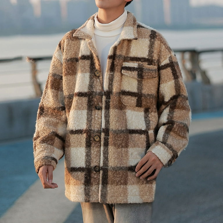 Goodeals Saving,Mens Wool Blend Shirts Casual Warm Plaid Jacket Loose Long  Sleeve Button Down Jackets Shacket Shirt Coat(Brown,L)