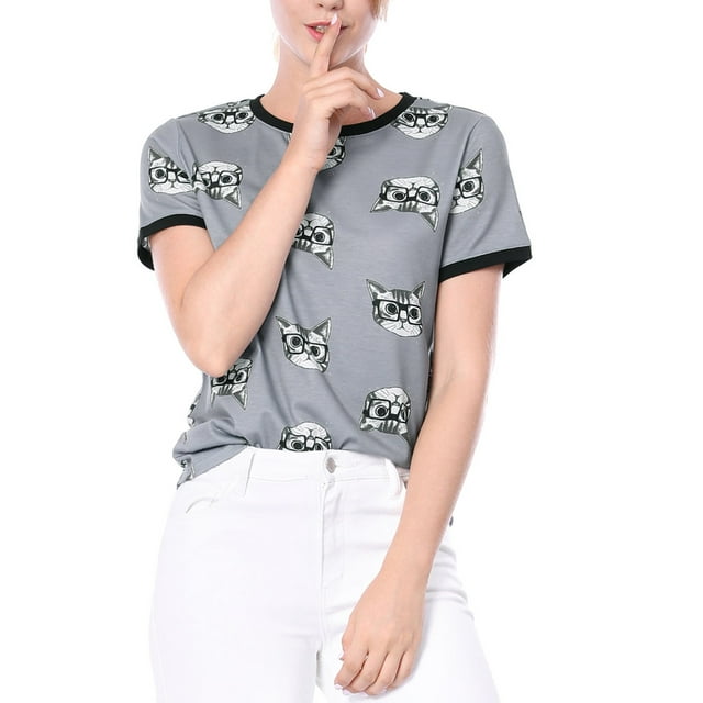 Camiseta de manga corta con contraste de gatos de dibujos animados para mujeres INSPIRE CHIC, camiseta tipo ringer, color gris
