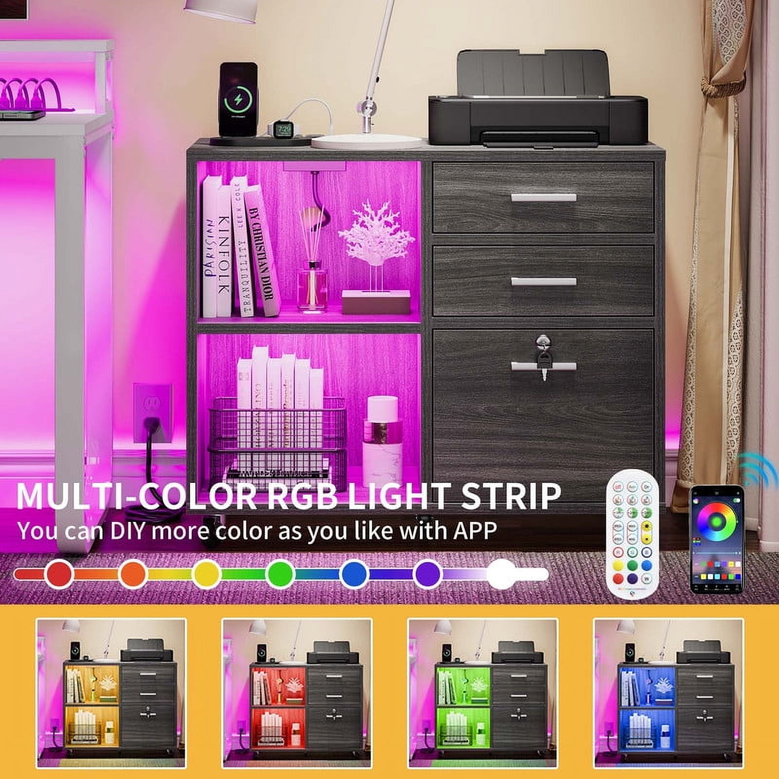 Uforic 3 Drawer File Cabinet with Charging Station& Lock, Mobile Lateral Filing Cabinet with LED Light & Open Storage Shelf, Rolling Printer Stand for Office,Gray