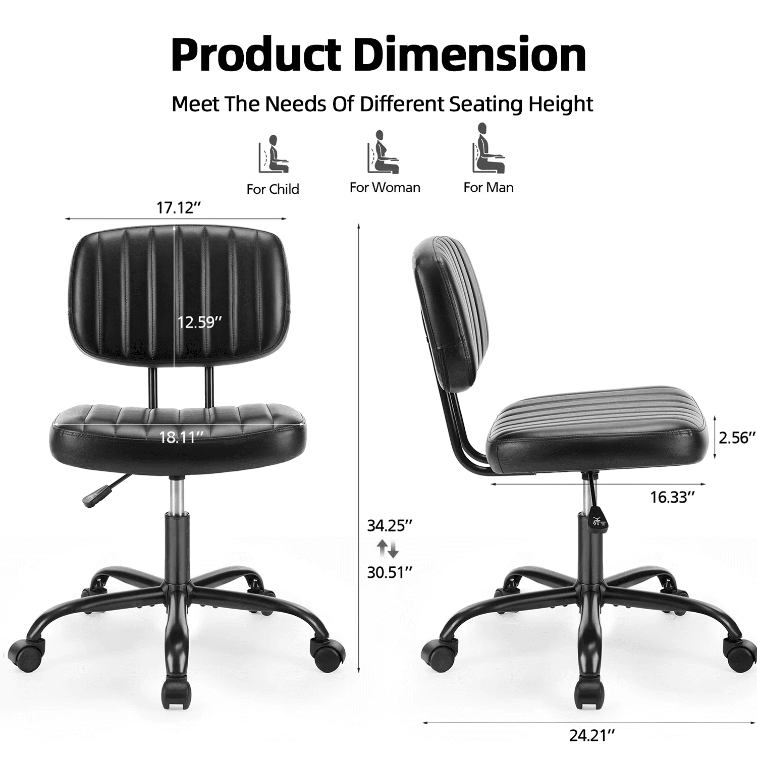 LIFERECORD PU Leather Armless Home Office Desk Chair, Small Ergonomic Task Chair for Adults and Students, Low Back Seating with Swivel, Adjustable Height, Rolling Wheels, Black