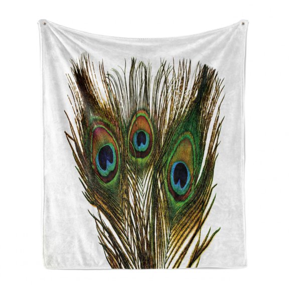 Feather Soft Flannel Fleece Blanket, Close up Photo of Peacock Feather on a Plain Background Boho Themed Print, Cozy Plush for Indoor and Outdoor Use, 70" x 90", Fawn and Multicolor, by Ambesonne