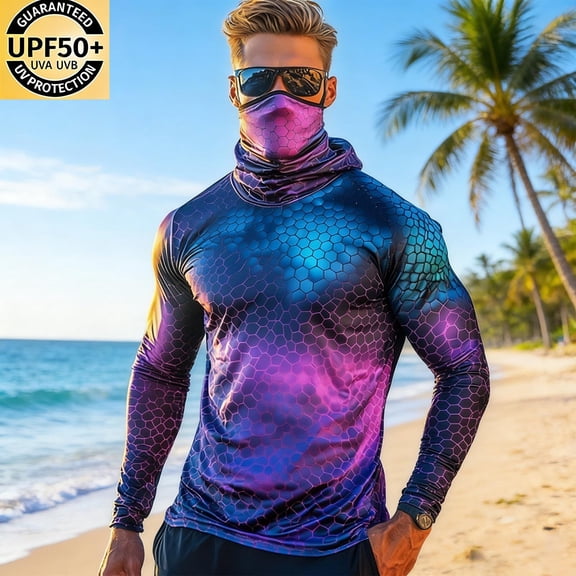 Yaoyar UPF 50 Fishing Shirts for Men UV Protection Hoodie Shirt with Neck Gaiter Long Sleeve Quick Dry Hiking Sun Shirts