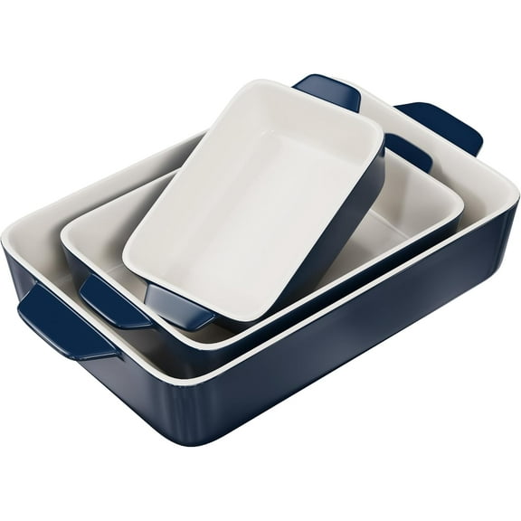 Kook Ceramic Bakeware Set, Casserole Dish For Cooking, Set of 3, Navy