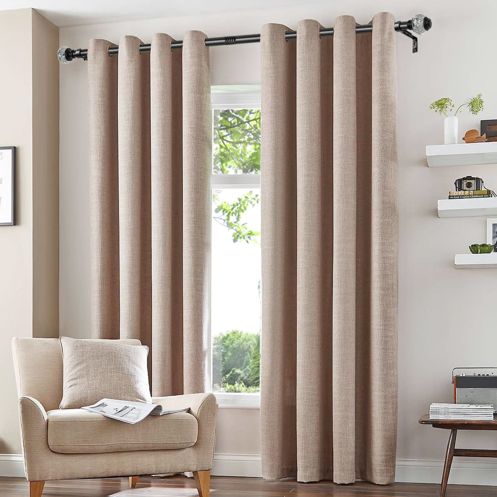 KAMANINA 7/8" Adjustable Single Curtain Rod with Translucent Finial, 28 - 48", Black