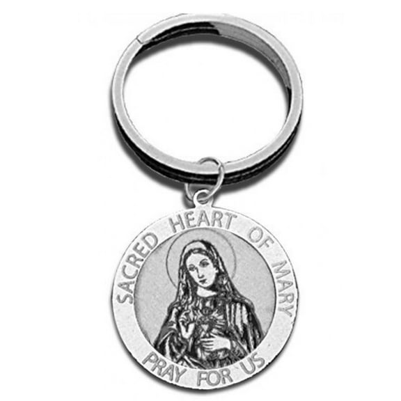 Sacred Heart of Mary Religious Engravable Keychain - 1 1/4 inch x 1 1/4 inch Round - Sterling Silver