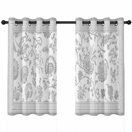 Gray Flowers Blackout Curtains 45 Inches Long Floral Geometric Classic Traditional Border Thermal Insulated Room Darkening Drapes with Grommets for Living Room 52 W x 45 L 2 Panels