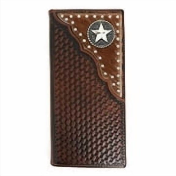Western Men's Basketweave Genuine Leather Lone Star Long Cowhide Stud Bifold Wallet