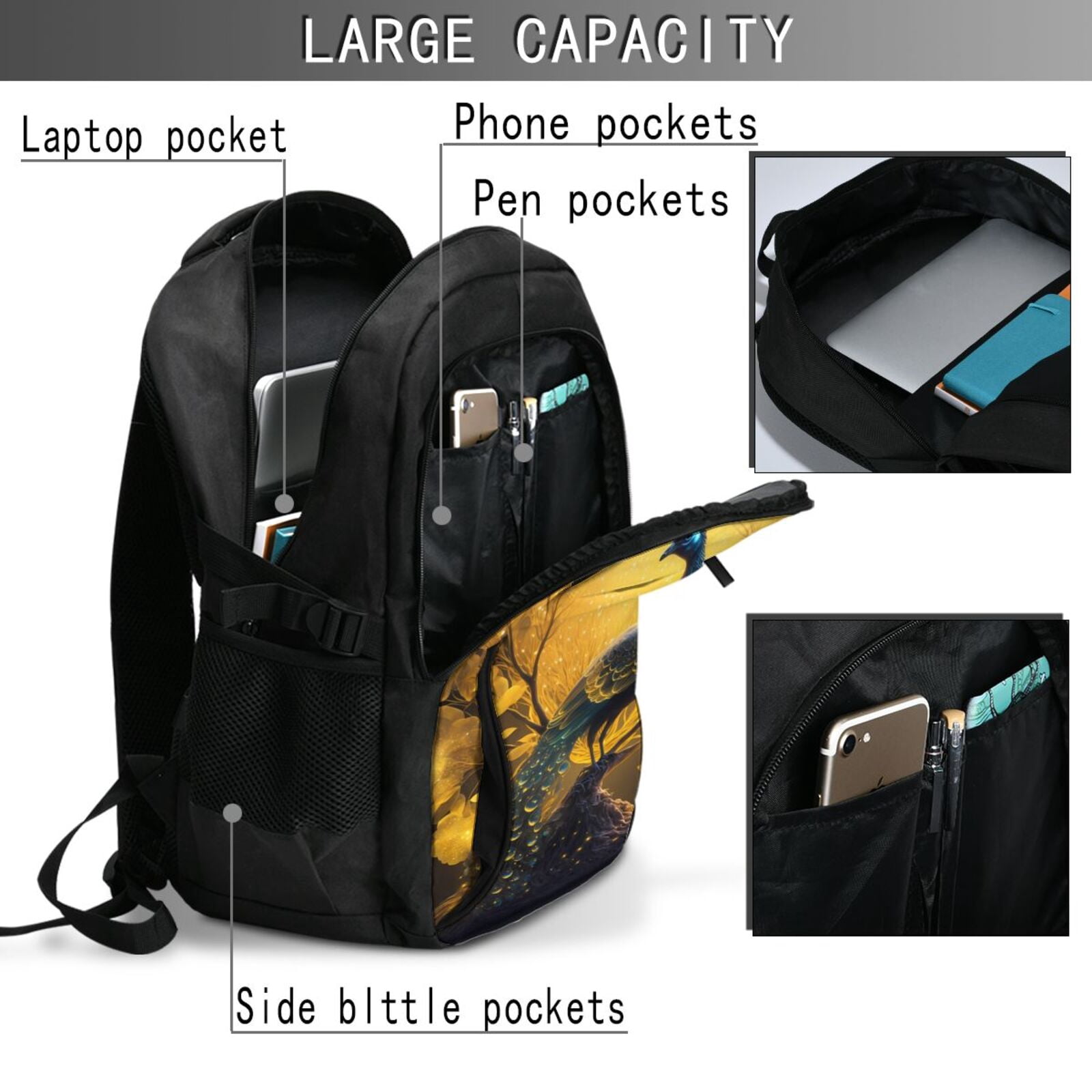 Vsdgher Elegant Gold Leaf Peacock Print Travel Laptop Backpack, Laptops Backpack with USB Charging Port, Water Resistant Computer Bag Gift for Men & Women