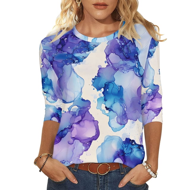 3/4 Manga Tops para las Mujeres Impreso Cuello Redondo Blusa Suave Elástico Casual Camiseta Primavera
