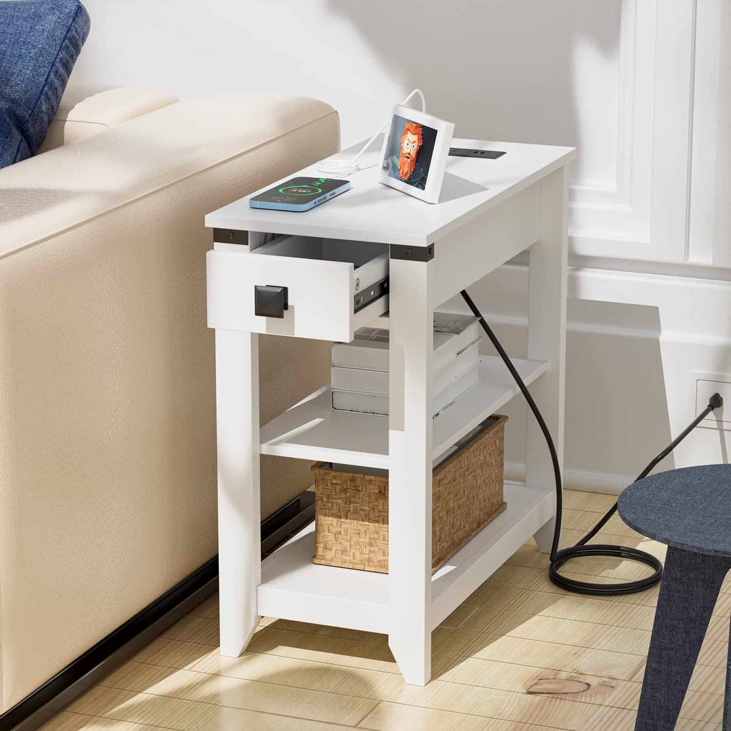 End Table with Charging Station&USB Port, Side Table with Storage Drawers for Living Room, Bedroom, White, FW06F3030W-DV