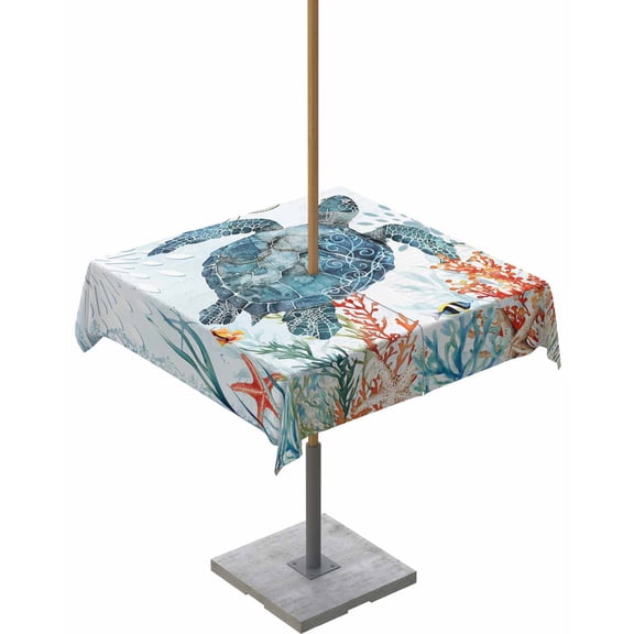 Outdoor Tablecloth with Umbrella Hole for Patio/Picnic/Party/Camping, Coastal Turtle Waterproof Table Cloth Square Cover Washable, Summer Beach Nautical Coral Starfish 60"x 60"