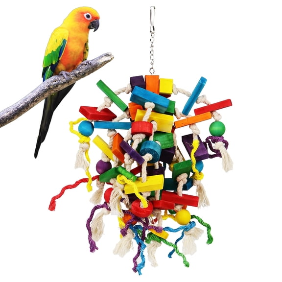 14.56" Large Parrot Toy for African Grey Parrots – Colorful Wooden Block Bird Chewing Toy, Long‑Lasting Pine & Cotton Rope with Metal Chain Suspension, Handcrafted for Engaging Play