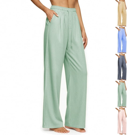 JSROAC Vertical Stripe Pants for Womens Elastic Waist Wide Leg Lounge Pants Loose Casual Straight Trousers Casual Lightweight Daily Bottoms