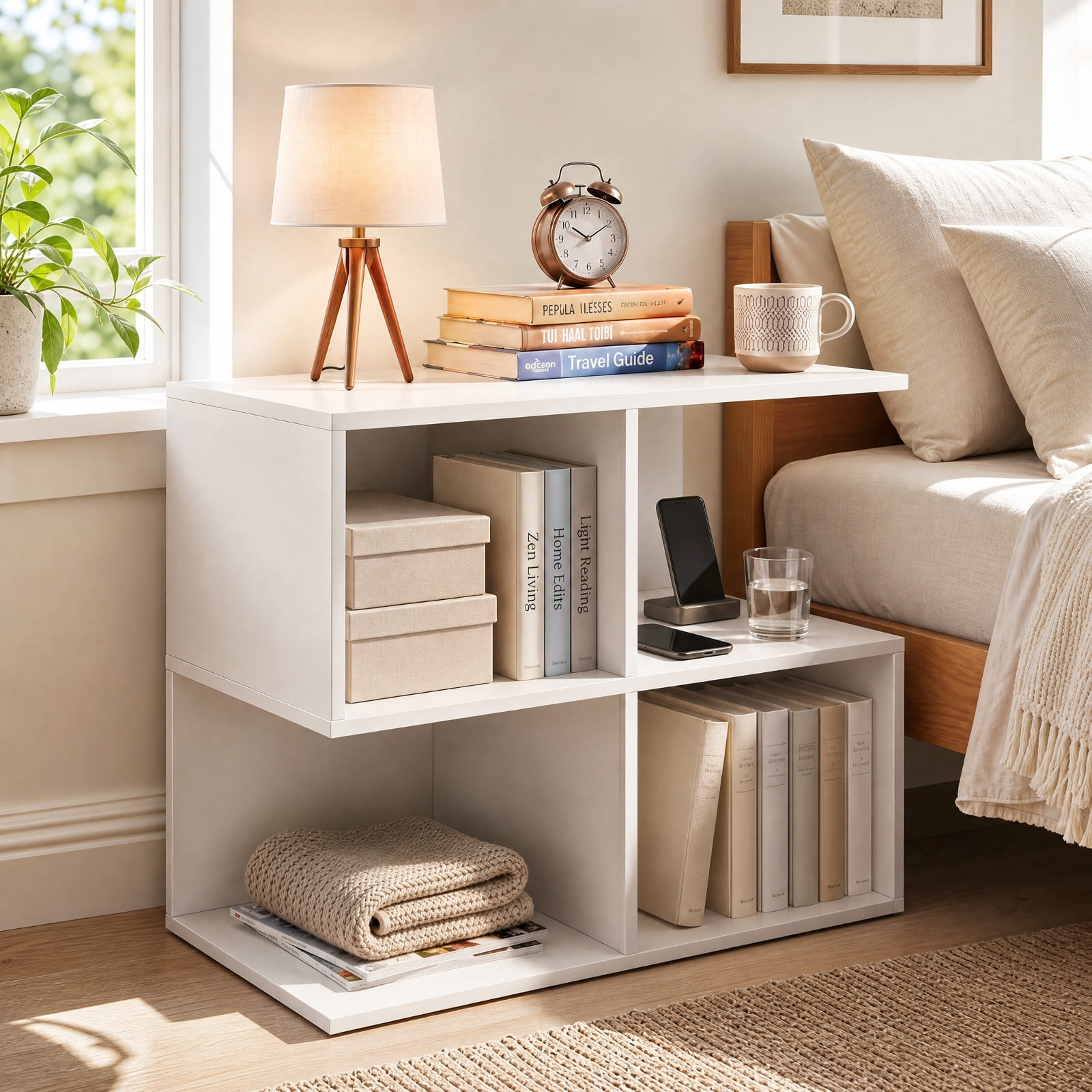 Furnibear 3 Tier S Shaped End Table with 4 Storage Cubes and Spacious Tabletop for Living Room Sofa Side and Bedroom, White