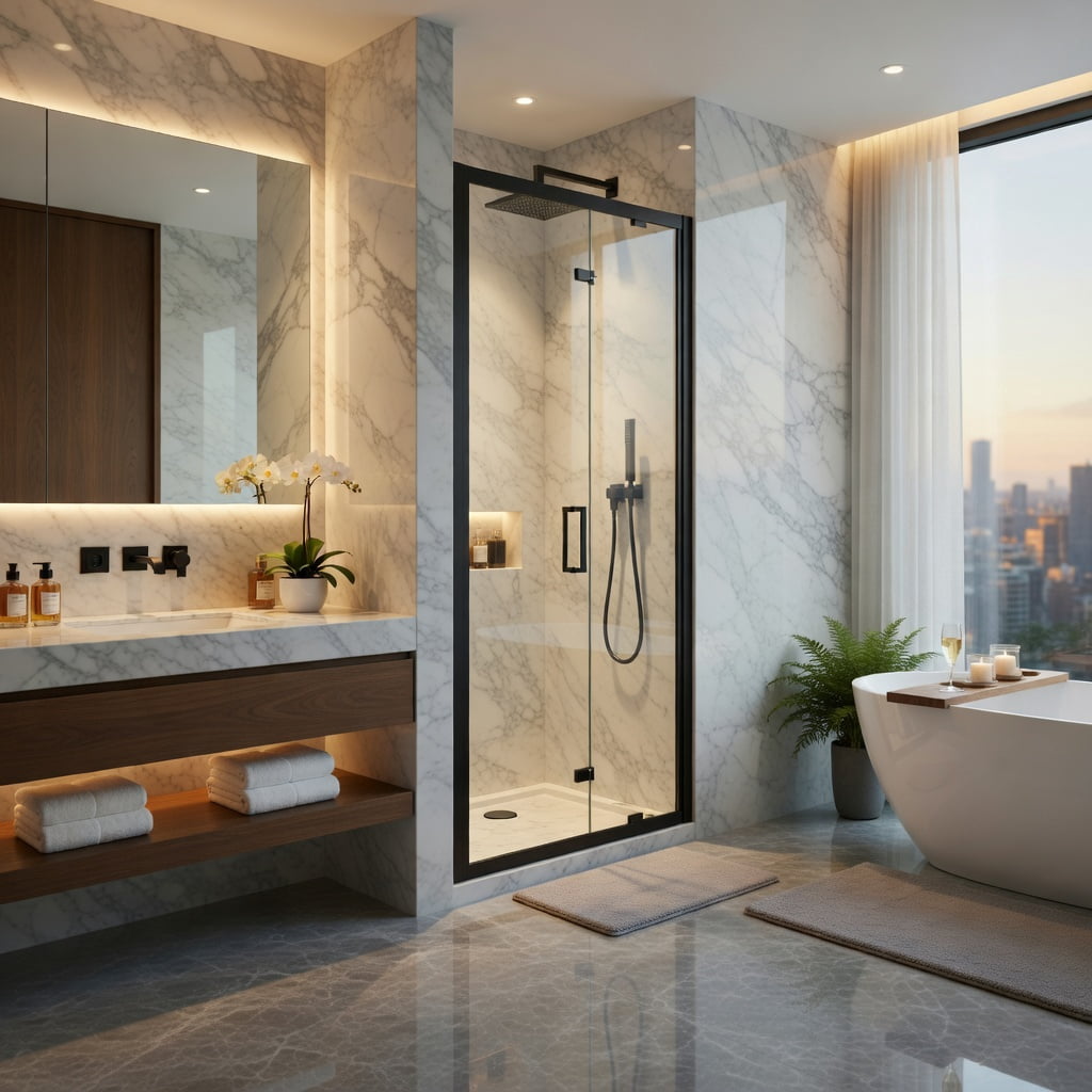 Hommoo Framed Bi-Fold Pivot Shower Door, Space-Saving Folding Enclosure with 6mm Tempered Glass, Stainless Steel Handle & Reversible Installation, Black & Transparent