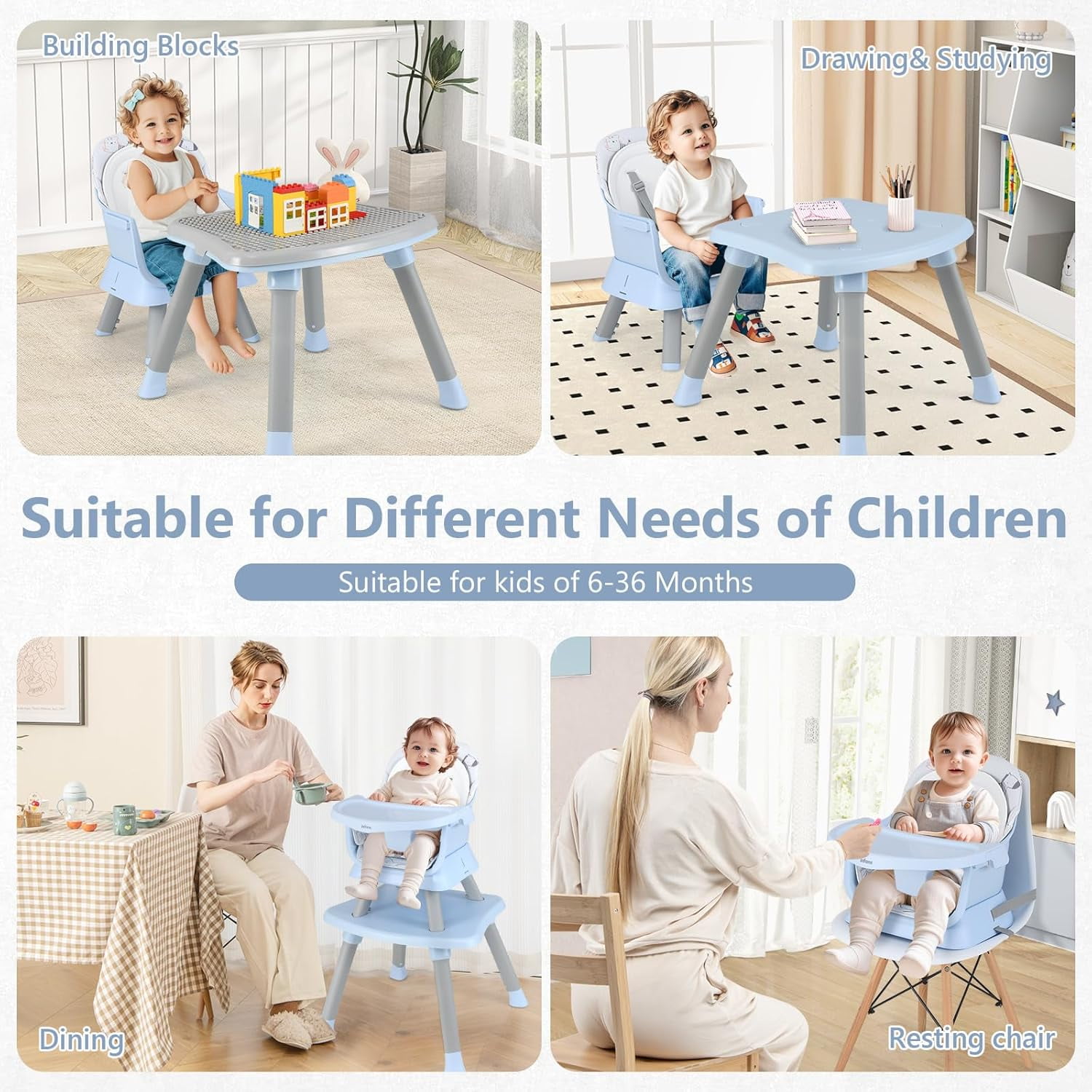 INFANS 8 in 1 Baby High Chair, Convertible Highchair for Babies and Toddlers, Infant Dining Booster Seat, Building Block Table, Kids Stool Table Chair Set with Removable Tray