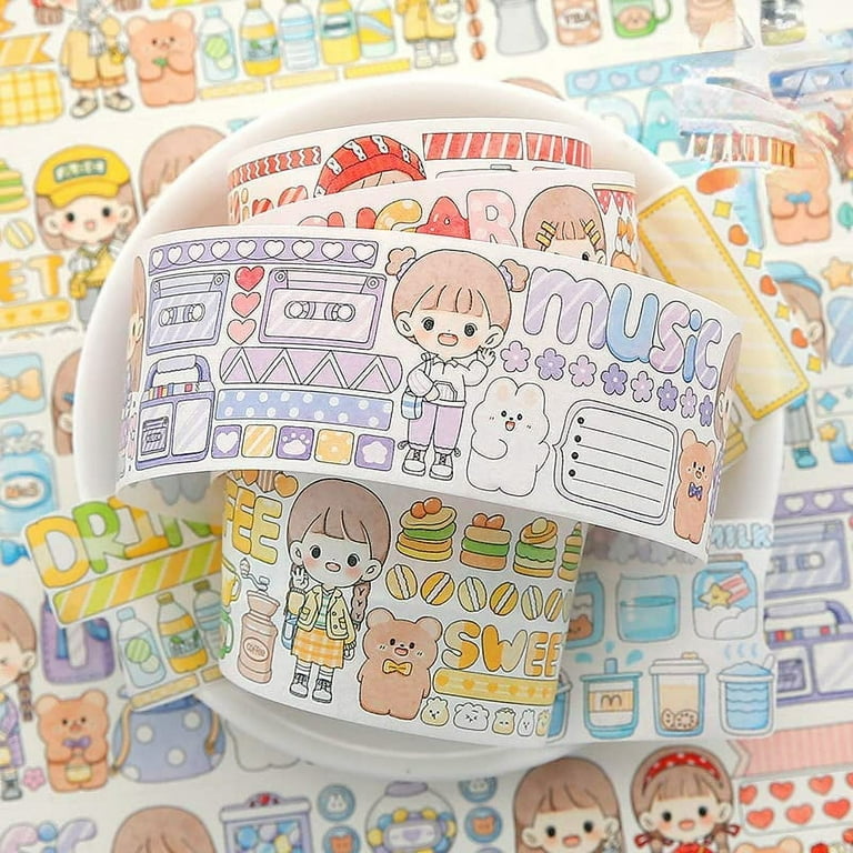 Danceemangoos Kawaii Washi Tape Set - 7 Packs Cute Washi Paper Masking Tape Set, DIY Decorative Sticker for Journaling, Scrapbooking, Crafts, School