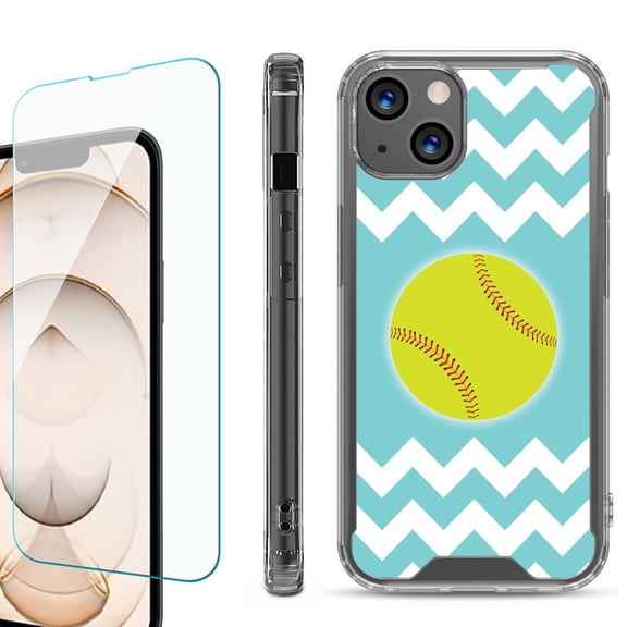 Shockproof Bumper Phone Case for iPhone 13, with Tempered Glass Screen Protector, by OneToughShield ® - Chevron/Softball