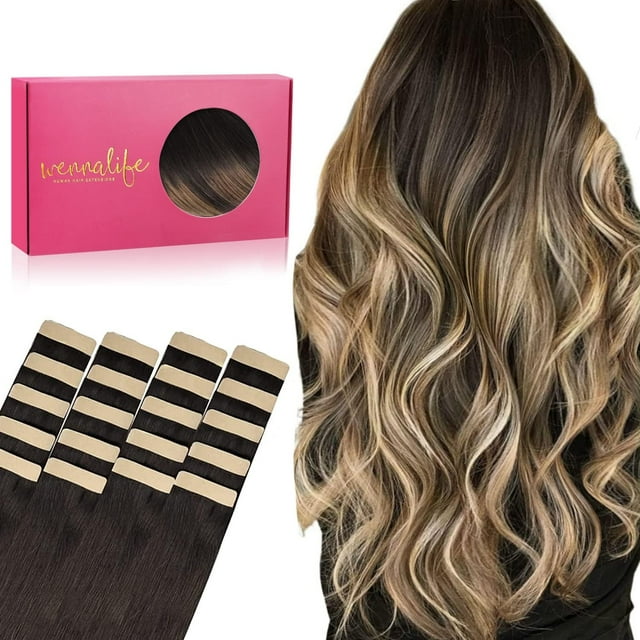 GFDYREE Extensions de Cheveux à Ruban WENNALIFE pour Femmes, 20 Pcs 50g 16 Pouces Brun Foncé à Châtain et Blond Sale, Ruban Mèches à Ruban pour Extensions de Cheveux en Cheveux Humains Rallonge Cheveux Humain St