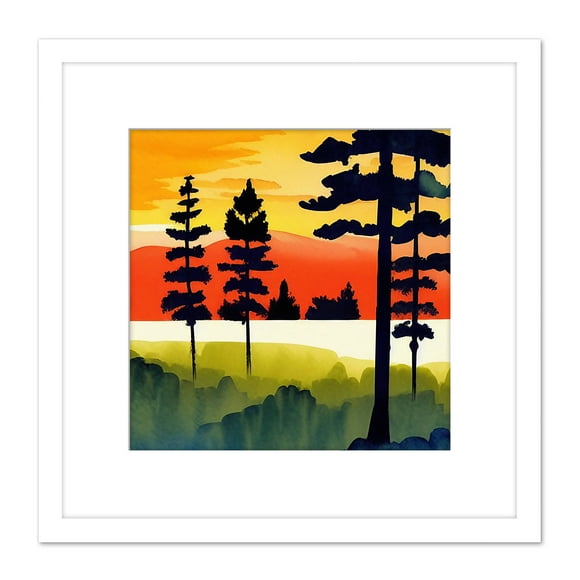 Sunset Forest Tree Silhouette Yellow Orange Landscape Watercolour Painting Square Wooden Framed Wall Art Print Picture 8X8 Inch