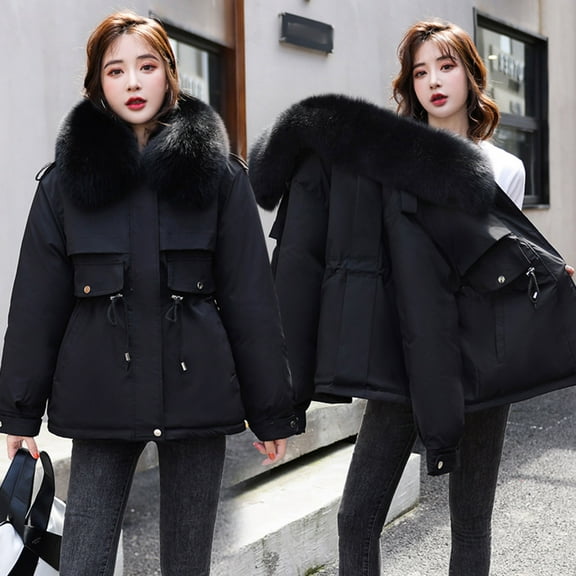jsaierl Womens Winter Jacket Warm Overcoat Slim Faux Fur-Collar Zipper Thicker Coat Outwear