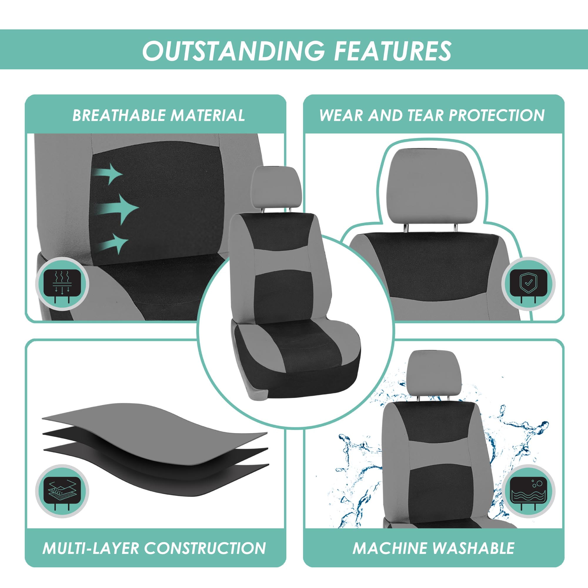 FH Group Light & Breezy Flat Cloth Car Seat Cover, Universal Gray Full Set Seat Covers with Air Freshener