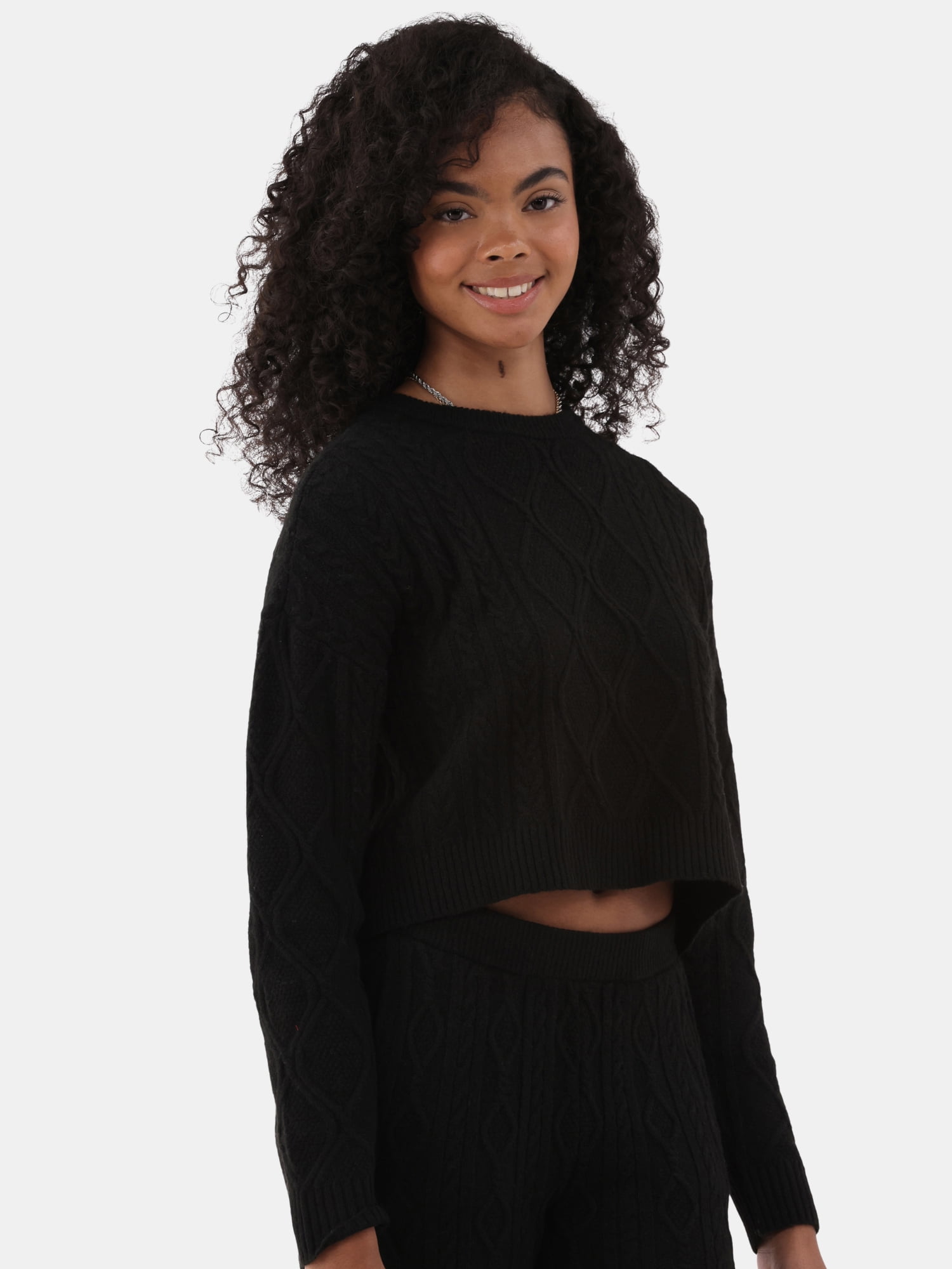 No Boundaries Mixed Stitch Crew Neck Sweater and Pant Set, 2-Piece, Woman's