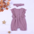 thumbnail image 4 of GYRATEDREAM Summer Newborn Girls Rompers Set Flare Sleeve Solid Print Lace Bodysuit Jumpsuit With Headband, Purple 6-12 Months, 4 of 8