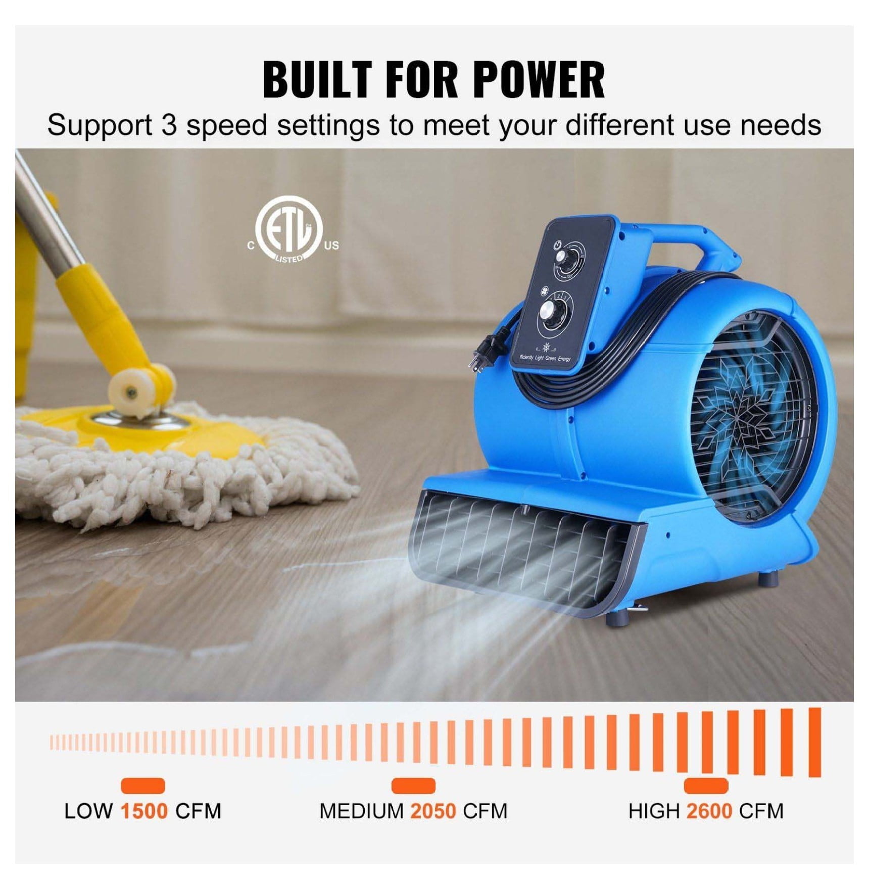 Floor Blower 1/2 HP 2600 CFM Air Mover, Portable Carpet Dryer Fan for Quick Drying & Cooling - 3 Speed Settings, Adjustable Angles, Timer Function - Janitorial, Home, Industrial Use