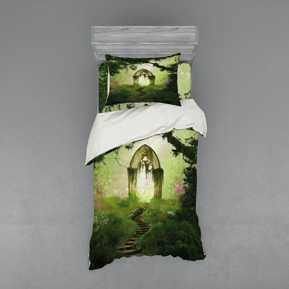 Ambesonne Antique Bedding Set 3 Pcs, Fantasy Door in Forest View, Twin XL, Pale Green and Green